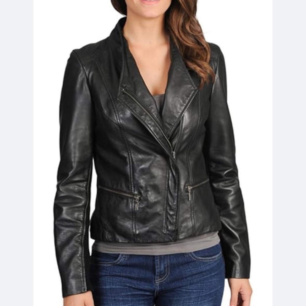 Whetblu Black Asymmetric Zip Leather Jacket‎ Size Medium